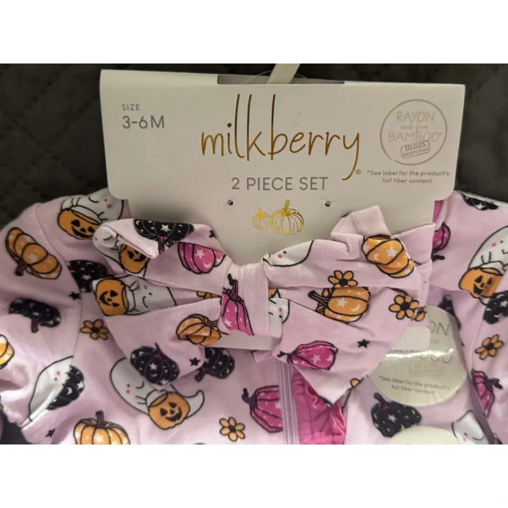 Milkberry Pink Bamboo Halloween Ghost Pumpkin Footed Sleeper & Headband Set 3-6M